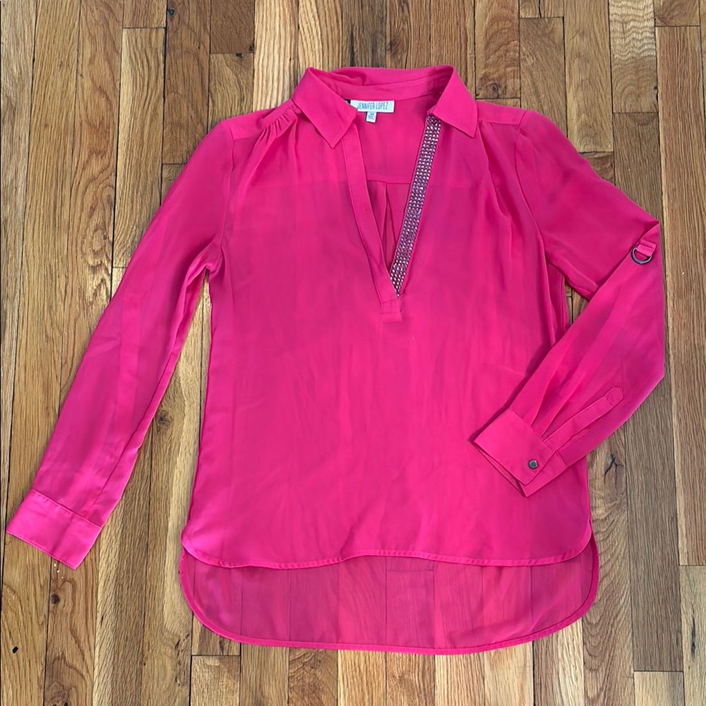 Pink Long Sleeve Notched Collar Blouse (4)